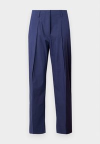 Navy blue trousers made of lightweight fabric, featuring a straight cut, front pleats, and a smooth texture.