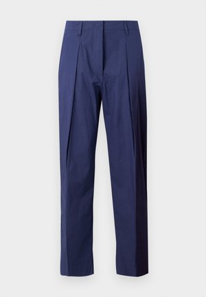 Navy blue trousers made of lightweight fabric, featuring a straight cut, front pleats, and a smooth texture.