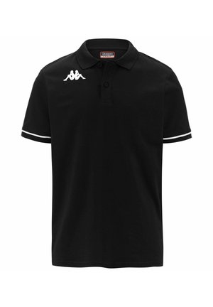 Zwarte poloshirt van katoen, met een kraag, twee knopen, witte accenten op de mouwen en een wit logo op de borst.
