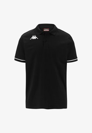 Camisa polo negra hecha de algodón, con cuello, dos botones, acentos blancos en las mangas y un logo blanco en el pecho.