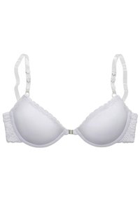 White padded bra with lace trim, adjustable straps, and a smooth finish. Features a floral accent on straps and a metal hook closure.