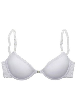White padded bra with lace trim, adjustable straps, and a smooth finish. Features a floral accent on straps and a metal hook closure.