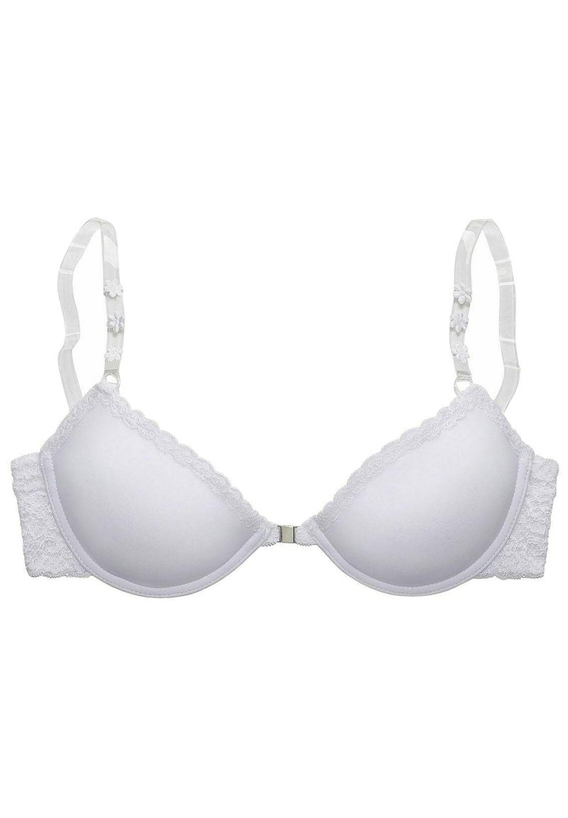 White padded bra with lace trim, adjustable straps, and a smooth finish. Features a floral accent on straps and a metal hook closure.
