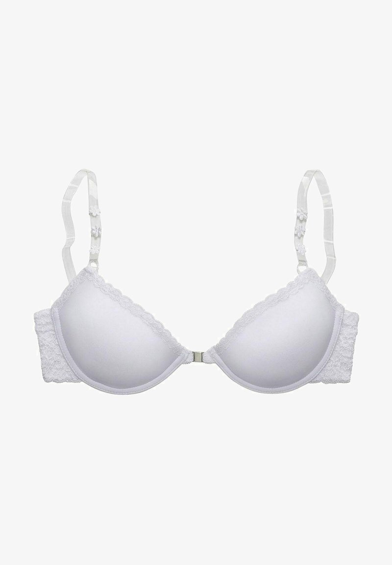 White padded bra with lace trim, adjustable straps, and a smooth finish. Features a floral accent on straps and a metal hook closure.