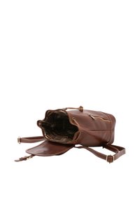 Borsa in pelle marrone con un esterno testurizzato, chiusura con zip e fodera a quadri. Dotata di una tracolla regolabile e di un design a cima aperta.