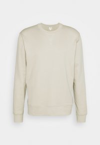 Sudadera de color beige claro, mezcla de algodón, cuello redondo, puños y dobladillo de canalé, diseño simple, sin patrones o gráficos visibles, detalle de costura mínimo.