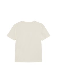 Kortærmet T-shirt i off-white bomuld. Har en rund halsudskæring og puffede ærmer. Glat tekstur og enkelt design, ingen mønstre.