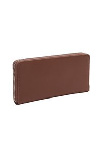 Brown leather wallet with a smooth texture and a zip closure along the edge. Rectangular shape with clean lines and no visible hardware.