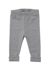 Graue, gerippte Leggings mit einer weichen Textur und einem elastischen Bund, die an den Knöcheln umgeschlagen sind für einen engen Sitz.