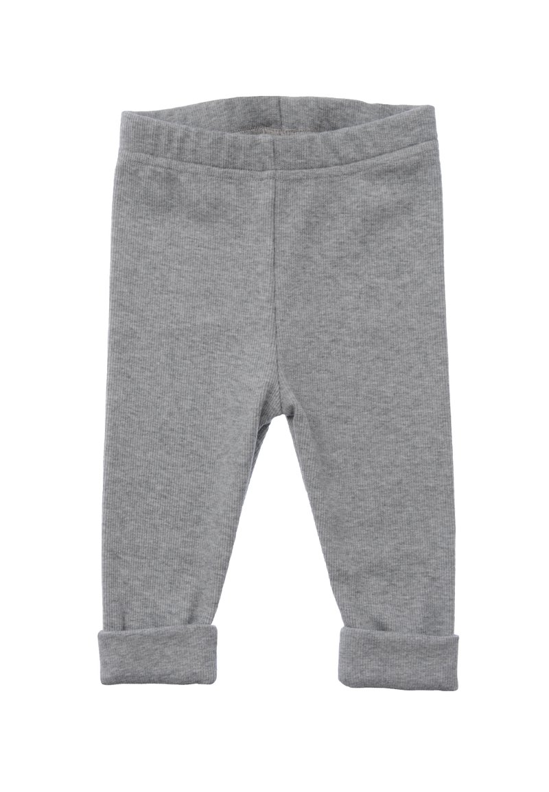 Graue, gerippte Leggings mit einer weichen Textur und einem elastischen Bund, die an den Knöcheln umgeschlagen sind für einen engen Sitz.