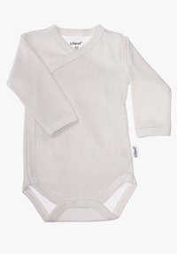 Long-sleeve baby bodysuit in light gray with white stripes, featuring a wrap design and snap buttons at the side and bottom for easy dressing.