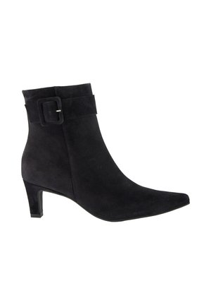 Black suede ankle boot with pointed toe, mid-height block heel, and wide strap with square buckle around the ankle.