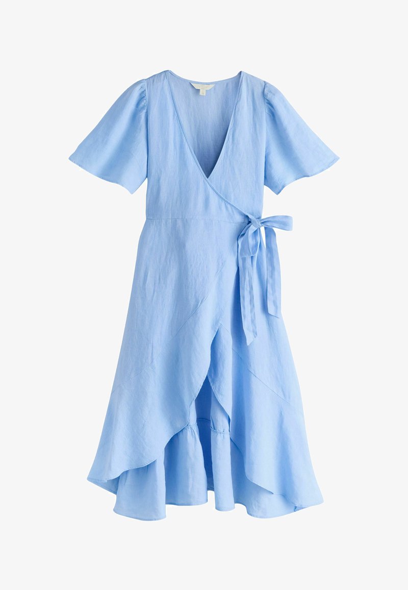 Abito avvolgente azzurro con maniche corte svasate, scollatura a V, gonna a strati asimmetrici e nodo laterale in vita.