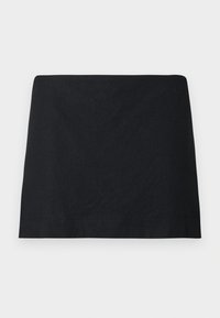 Mini-jupe noire à coupe droite, design simple sans motifs ni ornements visibles, présentée sur un fond blanc uni.