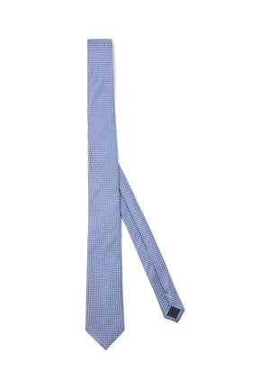 Light blue men's necktie with a small geometric pattern in a darker shade of blue against a white background.