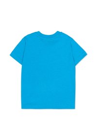 T-shirt di cotone turchese con maniche corte, scollo rotondo e una texture liscia. Nessun motivo o grafica visibile sul retro.