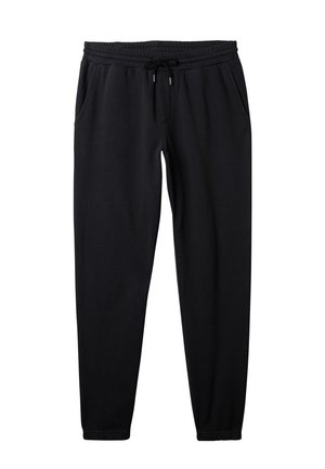 Black jogger pants made of soft fabric with an elastic waistband, drawstring, and side pockets; tapered leg design with ribbed cuffs.
