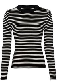 Czarnobiały sweter w paski z długim rękawem o prążkowanej fakturze i okrągłym dekolcie, z równomiernie rozmieszczonymi poziomymi paskami.