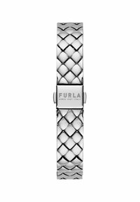 Hõbe metallist kellarihm, millel on tepitud muster ja klamber, millel on brändi nimi "Furla" ja "Alates 1927 Itaalia."