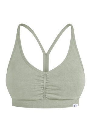 Bralette verde chiaro realizzato in tessuto morbido, con centro arricciato, ampia fascia sotto il busto e spalline incrociate regolabili sul retro.