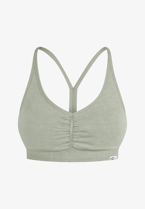 Bralette verde chiaro realizzato in tessuto morbido, con centro arricciato, ampia fascia sotto il busto e spalline incrociate regolabili sul retro.