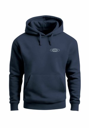 Marineblauer Hoodie aus weichem Material mit einer Fronttasche, Kapuze mit Kordelzug und einem kleinen weißen Logo auf der Brust.