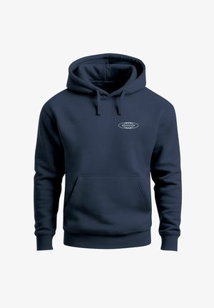 Navy blue hoodie made of soft material featuring a front pocket, drawstring hood, and a small white logo on the chest.