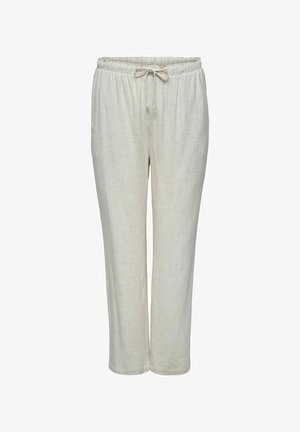 Gai krēmkrāsas lina bikses ar elastīgu jostu un regulējamu auklu. Taisnu kāju dizains ar fakturētu apdari.
