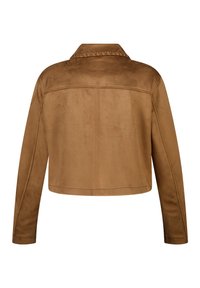 Veste en daim marron au design court, avec un col cranté, des manches longues et des détails d'épaule sans coutures. Vue de dos affichée.