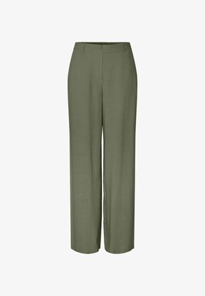 Olivengrønne vide bukser med beltehemper og glatt front, designet for en avslappet og behagelig passform.