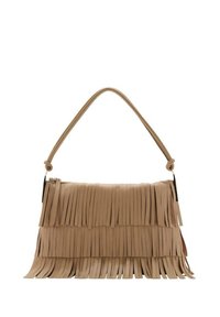 Borsa a tracolla in pelle color talpa con dettagli in frange lunghe. Presenta una sola tracolla e una chiusura a zip per garantire la sicurezza degli oggetti all'interno.