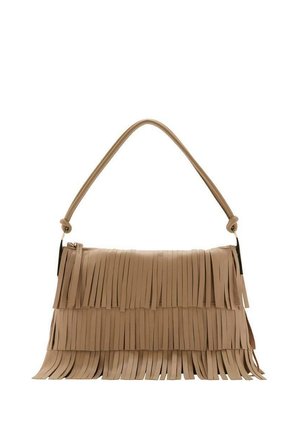 Borsa a tracolla in pelle color talpa con dettagli in frange lunghe. Presenta una sola tracolla e una chiusura a zip per garantire la sicurezza degli oggetti all'interno.