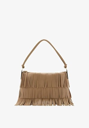 Tan leather handbag with long fringe detail. It features a single shoulder strap and a zip closure for securing items inside.