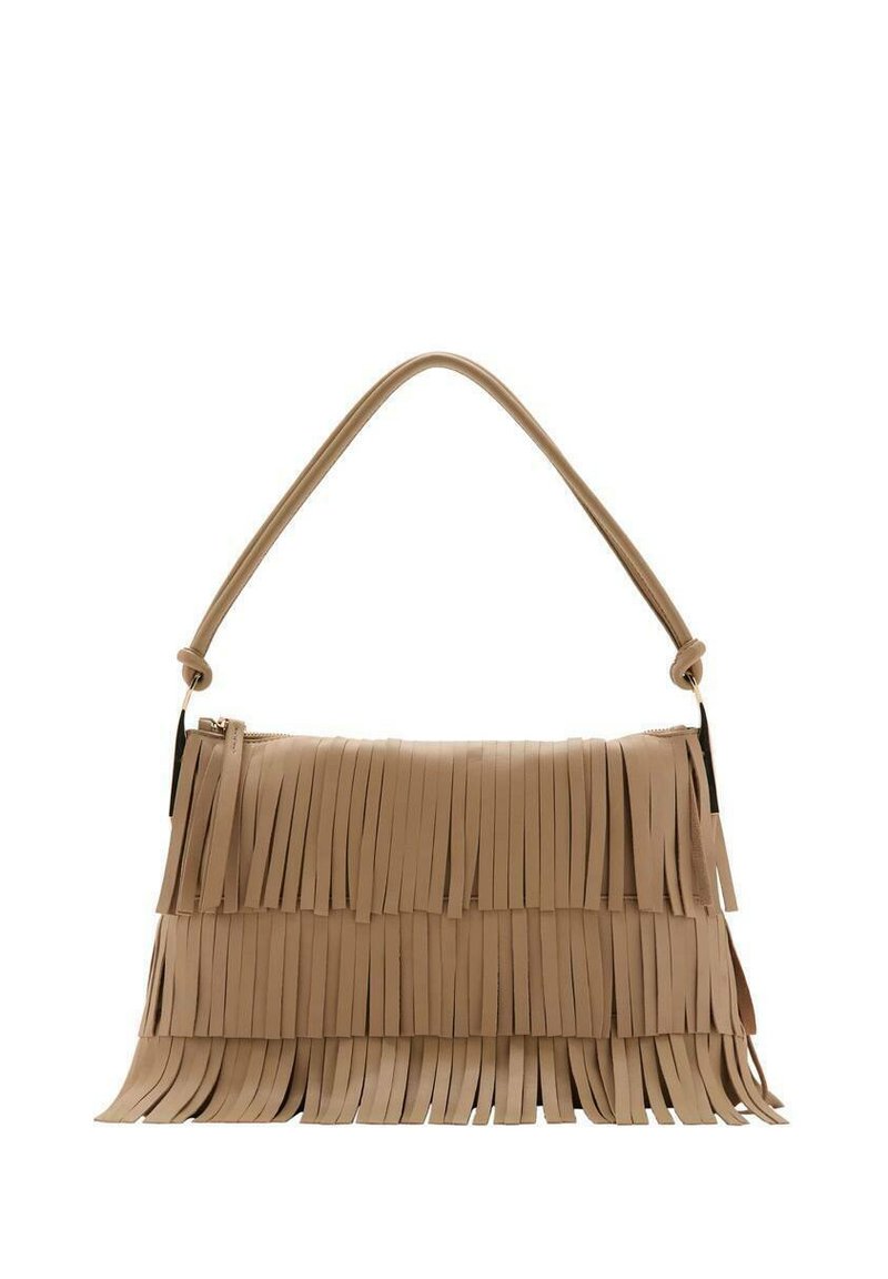Borsa a tracolla in pelle color talpa con dettagli in frange lunghe. Presenta una sola tracolla e una chiusura a zip per garantire la sicurezza degli oggetti all'interno.