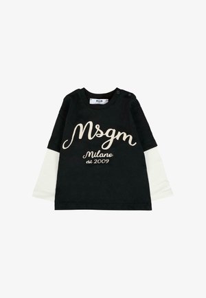 Czarna i biała koszulka z długim rękawem dla małych dzieci, z napisem "Msgm Milano est 2009" nadrukowanym na przodzie oraz dwoma zatrzaskami na ramionach.