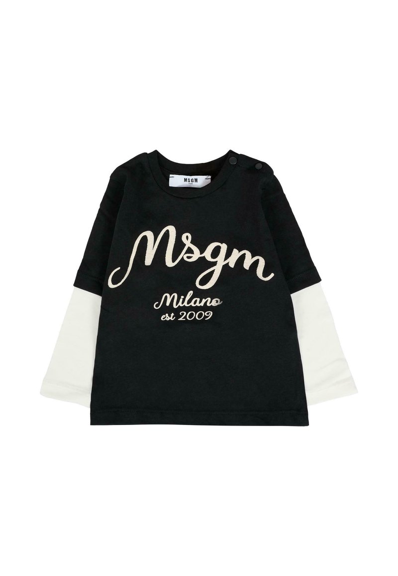 Czarna i biała koszulka z długim rękawem dla małych dzieci, z napisem "Msgm Milano est 2009" nadrukowanym na przodzie oraz dwoma zatrzaskami na ramionach.