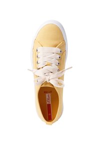 Yellow canvas sneaker with white rubber sole, round toe, and white laces. Features metal eyelets and a red and white interior label.