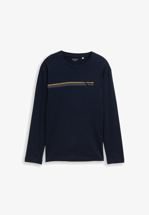 Chemise à manches longues marine en tissu coton, présentant un motif de rayures horizontales jaunes et bleues, avec le texte "TAILOR" sur la partie poitrine.