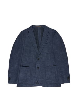 Blauer Herrenblazer mit strukturierter Oberfläche, Notch-Revers, zwei Knöpfen, drei Knopfmanschetten und Vorder taschen, flach auf einem weißen Hintergrund liegend.