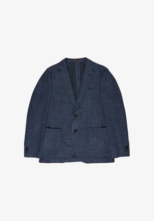 Blazer azul texturizado para hombre con solapas con muesca, dos botones, puños de tres botones y bolsillos delanteros, colocado plano sobre un fondo blanco.