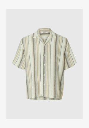 Korte mouwen overhemd met knopen en verticale strepen in beige, crème en bruin, met een campkraag, op een effen achtergrond.