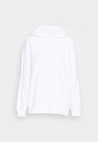 Vit huvtröja med långa ärmar, tillverkad av mjukt tyg. Har en huva med dragsko och en avslappnad passform. Inga mönster eller accenter syns.