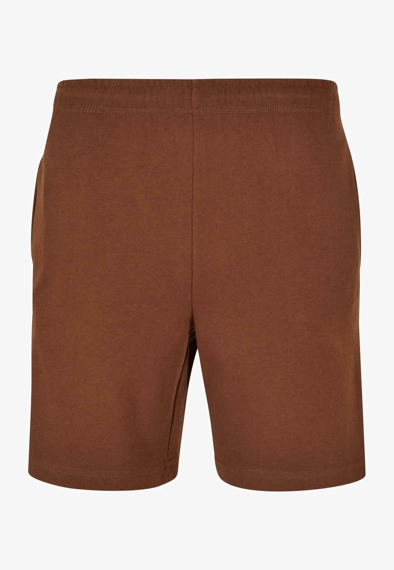 Shorts en coton marron avec une taille élastique, présentant une texture lisse et un design simple. Pas de poches ni d'accents visibles.