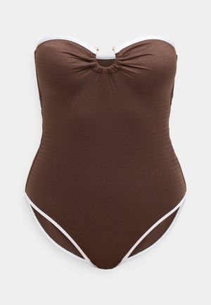 Maillot de bain une pièce marron avec texture côtelée, design sans bretelles, bordures blanches le long des contours et détail en anneau doré au centre.