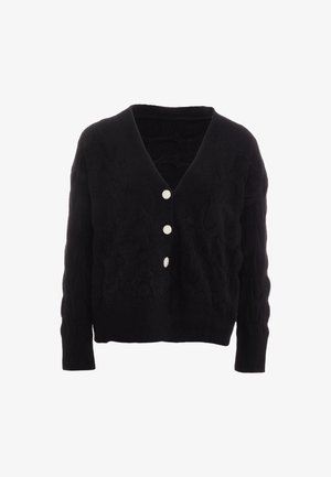 Fekete kardigán texturált kötött anyagból, V-nyakkivágással, hosszú ujjakkal és elöl három fehér gombbal.