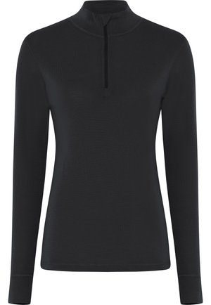 Black long-sleeve top with a high collar and half zip closure, featuring a smooth texture and a fitted design.