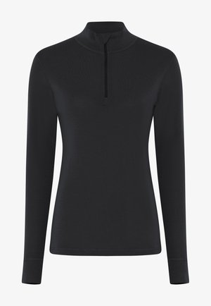 Black long-sleeve top with a high collar and half zip closure, featuring a smooth texture and a fitted design.