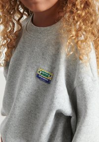 Hallav sweatshirt pehmest kangast, millel on rinnal värvikas sildiga "SUPER VINTAGE" tekst ja geomeetrilised mustrid.