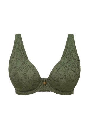 Soutien-gorge en dentelle verte avec un motif, présentant une forme triangulaire, des bretelles réglables et un petit détail en matériel doré décoratif au centre.