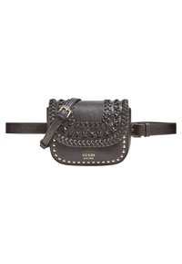 Musta nahkainen olkalaukku, jossa on kudottuja yksityiskohtia, hopeisia niittejä alareunassa ja läpän sulkeminen. Säädettävä hihna ja logo.